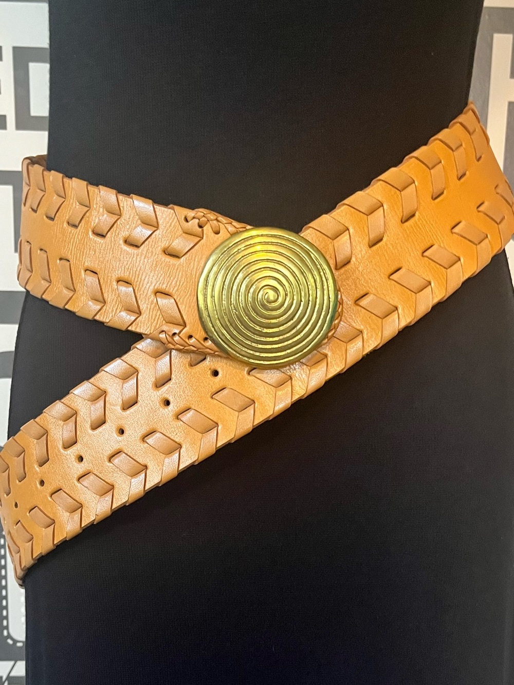 Vintage Woven Tan Leather Belt with Oversized Gold Medallion